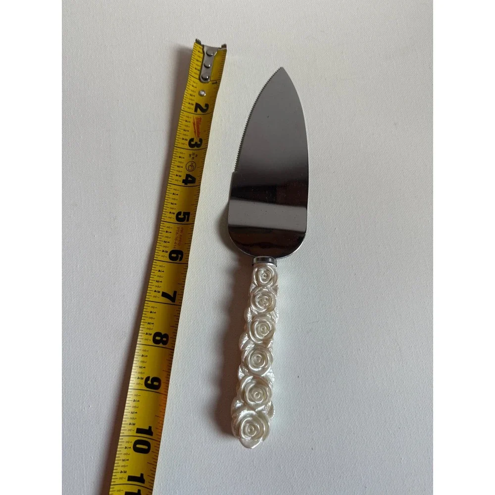 Vintage Rose Handle Stainless Steel Cake Server Pearlescent White Wedding Slicer